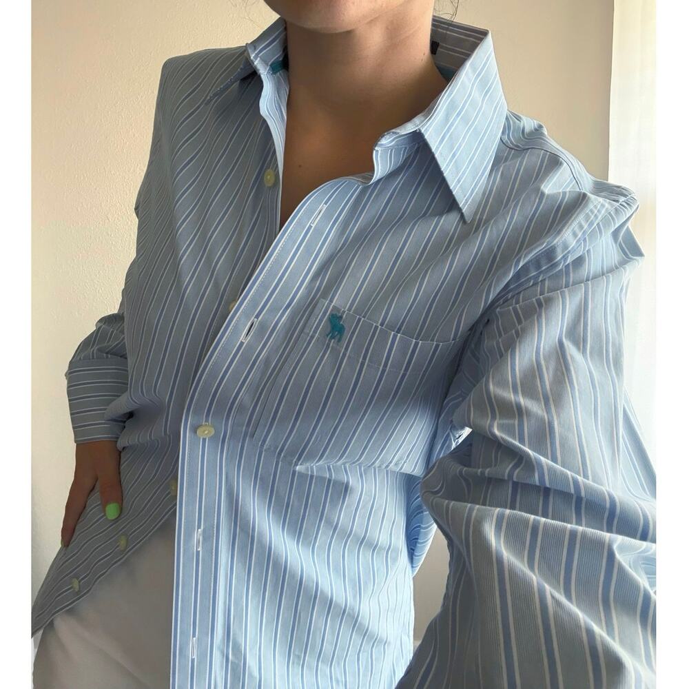 y2k Abercrombie & Fitch Muscle Blue Stripe Button Up preppy collegiate vacation